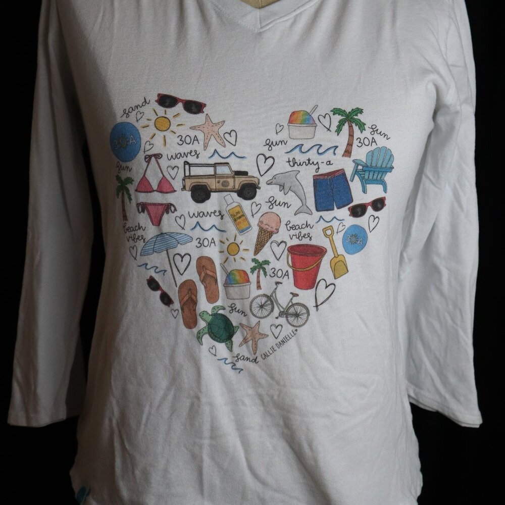 30A Womens XS White V Neck Beach Love 3/4 Sleeve Top Callie Danielle Recycled